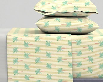 Bright Palm Sheets - Tropical Palm Trees by sazerelli - Cream Yellow Preppy Coastal Bold Mint Cotton Sateen Sheet Set Bedding by Spoonflower