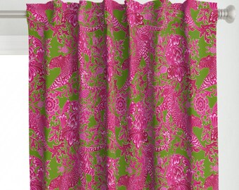 Chinoiserie Curtain Panel - Fuschia Cheetah by hnldesigns - Maximalist Chintz Cheetah Jungle Hot Pink  Custom Curtain Panel by Spoonflower