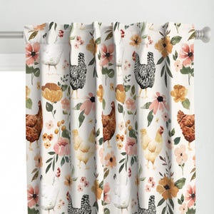 Farmhouse Curtain Panel - Watercolor Chicken Floral by cateandrainn - Painted Hens Chickens Farm Animals Custom Curtain Panel by Spoonflower