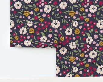 Pink Navy Floral Non-Pasted Wallpaper Modern Floral Pink Green Botanical - Navy Botanical  by lauramariedesigns Wallpaper by Spoonflower