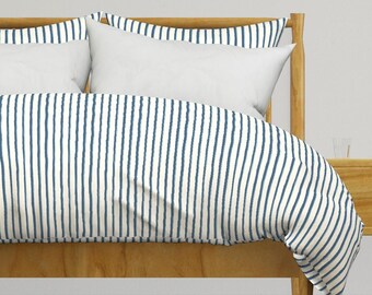 Preppy Bedding - Blue Coastal Stripe S by kim_morrow - Beach House Nautical Ocean Tropical Wobbly Cotton Sateen Duvet Cover OR Pillow Shams