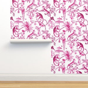 May include: Pink and white wallpaper with a repeating pattern of monkeys, leopards, palm trees, and flowers.