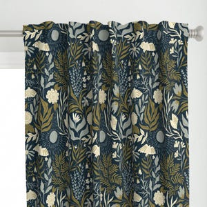 May include: A dark blue curtain fabric with a repeating pattern of stylized flowers, leaves, and birds in shades of gold, white, and blue.