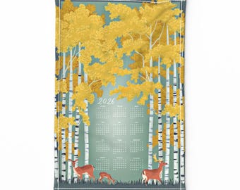 Kalendertheedoek 2026 - Zilverberk Kalender 2026 by taranealart - Yellow Nature Hertenbos linnen katoenen canvas theedoek van Spoonflower