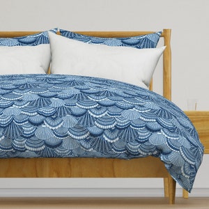 Classic Blue Shells Bedding - Seashell Stripe by figandfossil - Hand-drawn Nautical Cotton Sateen Duvet Cover OR Pillow Shams by Spoonflower