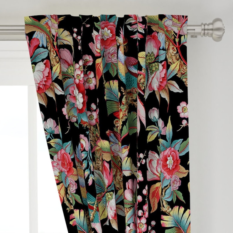 Parrot Curtain Panel Tropical Custom Curtain Panel by Spoonflower Edwardian Parrot Bright Black by peacoquettedesigns