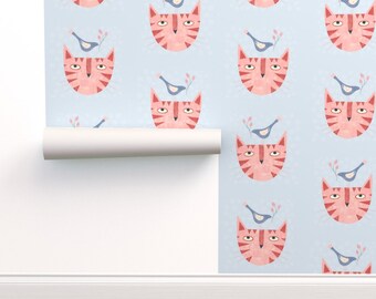 Bird Commercial Grade Wallpaper - Cat Bird Flower by nicsquirrell - Pink Flower Blue Animal Girl Cat Wallpaper Double Roll by Spoonflower