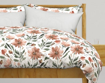 Terracotta Floral Bedding - Copper Field by indybloomdesign - Cottagecore Botanical Cotton Sateen Duvet Cover OR Pillow Shams by Spoonflower