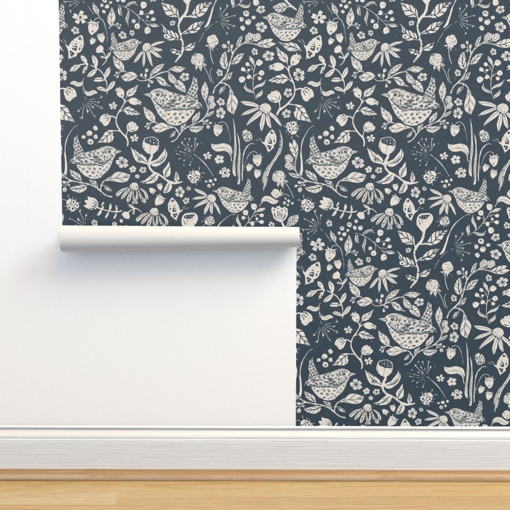 Woodland Botanical Non-Pasted Wallpaper - Block Print Wren by wildspiraldesigns - Cottagecore Floral Wallpaper Double Roll by Spoonflower