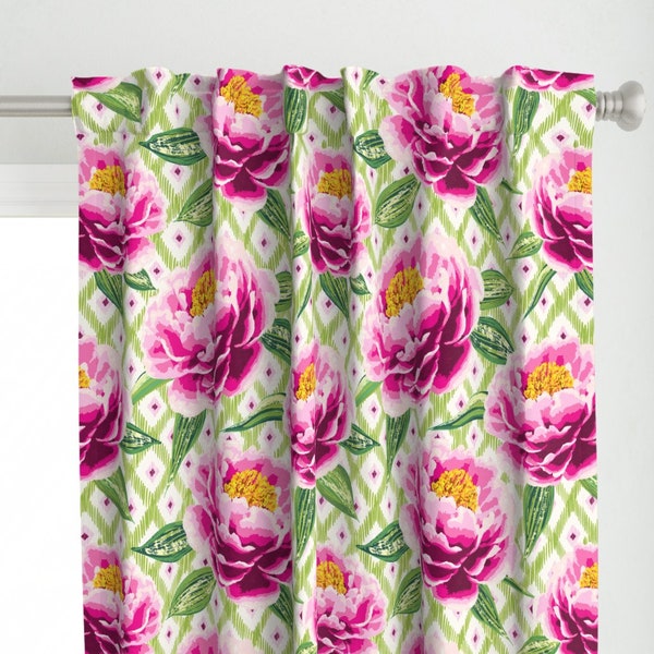 Floral Ikat Curtain Panel - Maximalist Peony by vivdesign - Botanical Hand Painted Pink And Lime Green Custom Curtain Panel by Spoonflower