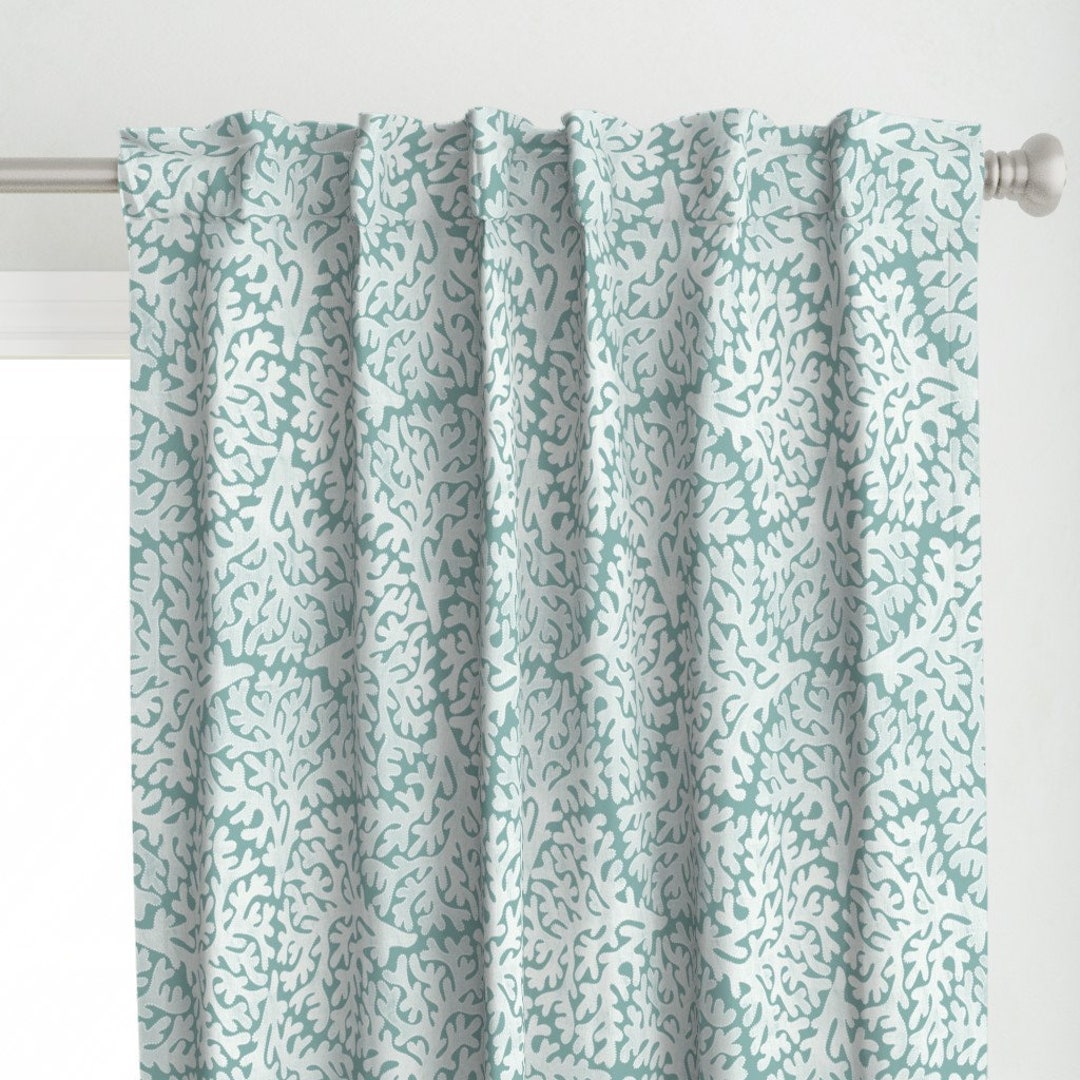 Coastal Coral Curtain Panel Fan Coral Teal by Taranealart Turquoise