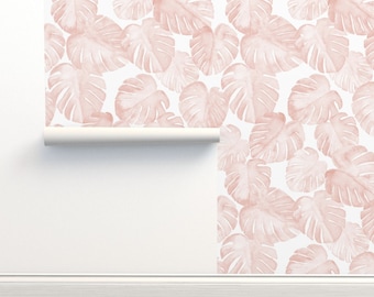 Pink Non-Pasted Wallpaper Jungle Leaves Bohemian - Jumbo Watercolor Monstera Leaf by littlearrowdesign Wallpaper Double Roll by Spoonflower