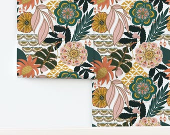 Boho Botanical Non-Pasted Wallpaper Maximalist Boho Monstera Palms - Boho Tropical by fineapple_pair Wallpaper Double Roll by Spoonflower