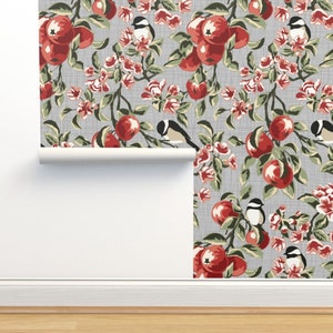 Apple Floral Non-Pasted Wallpaper - Chickadees & Apples by fernlesliestudio - Chickadee Birds Wallpaper Double Roll by Spoonflower