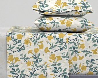 Green Sheets - Golden Trumpet Vine by oliviamunroe - Flowers Leaves Floral Nature Hand Drawn Cotton Sateen Sheet Set Bedding by Spoonflower