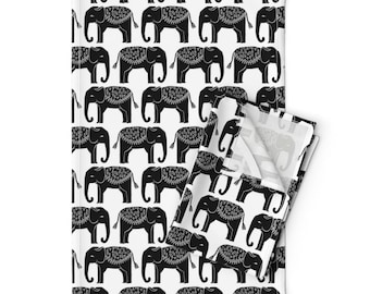 Elephants Tea Towels Set of 2 - Safari Animal Black And White Monochrome Animal Linen Cotton - Elephant Parade Block Print by andrea_lauren