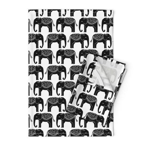 Elefanten Geschirrtücher 2er Set - Safari Tier Schwarz Weiß Monochrome Tiere Leinen Baumwolle - Elefantenparade Block Print by andrea_lauren