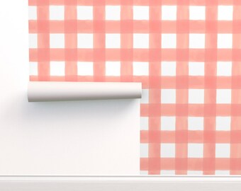 Buffalo Check Commercial Grade Wallpaper - Watercolor Gingham Peach by willowlanetextiles - Plaid Wallpaper Double Roll by Spoonflower