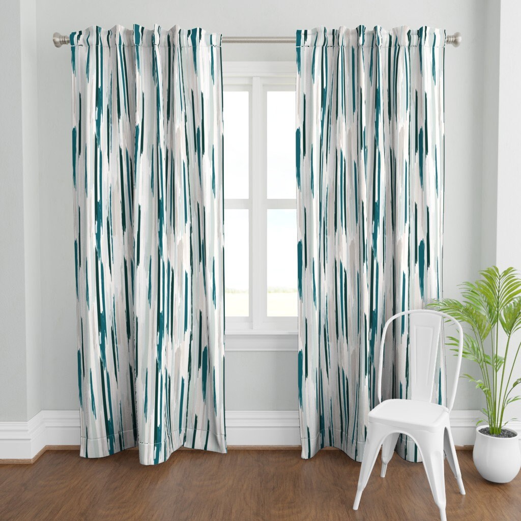 Abstract Stripe Curtain Panel Feather Stripe Teal by Crystal walen Teal and Cream Painterly Look Custom Curtain Panel by Spoonflower Etsy UK