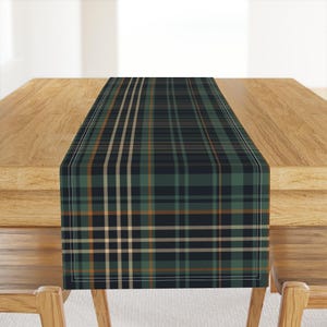 Dark Green Check Table Runner - Rustic Cabin Autumn Plaid Cozy Fall Cotton Sateen Table Runner - Modern Tartan Plaid by tessab_studio