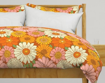 Retro 1970er Jahre Blumenmuster Bettwäsche - 70s Boho Floral by mariarein - Vintage Style Nostalgie Boho Retro Baumwollsatin Bettbezug ODER Kissenbezüge