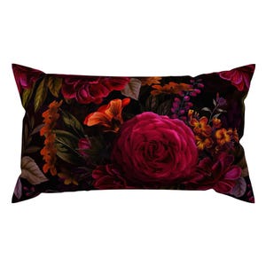Moody Floral Lumbar Pillow - Antique Painted Roses by utart - Gothic Flower Maximalist Bouquet Dark Red Rectangle Accent Throw Pillow