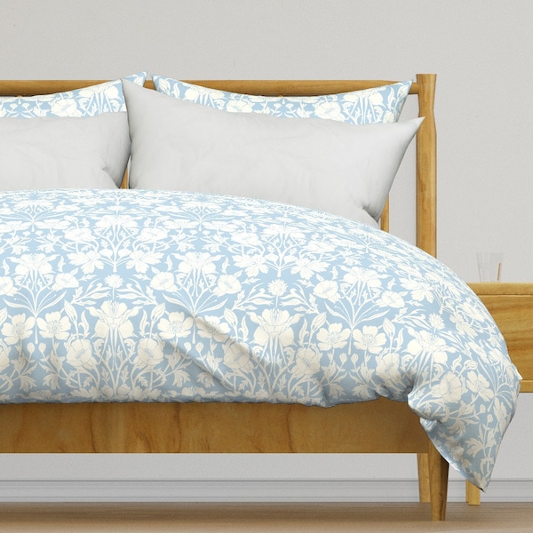 Pale Blue Damask Bedding - Columbine Buttercup by rumanajdesigns - Columbine Floral Cotton Sateen Duvet Cover OR Pillow Shams by Spoonflower