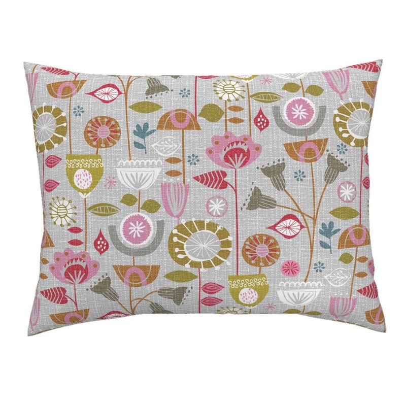 Mid Century Mod Pillow Sham Fanciful Fifties Flowers by ottomanbrim 1950s Floral Cotton Sateen Pillow Sham Bedding by Spoonflower