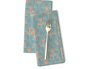 Block Print Dinner Napkins Set of 2 - Farmhouse Vintage Flowers Floral Botanical Cloth Napkins - Garden Flowers Orange by studio_assorti
