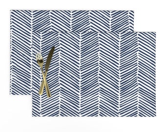 Herringbone Placemats (Set of 2) - Freeform Arrows Indigo by domesticate - Navy Chevron Zigzag Southwestern Cloth Placemats by Spoonflower