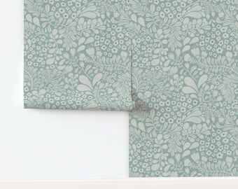 Calm Botanical Non-Pasted Wallpaper Tranquil Flowers Serene Leaves - Serene Flowing Flowers by leahnicoledesigns Wallpaper by Spoonflower