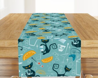 Mid Century Table Runner - 1950s Cats And Cocktails by roofdog_designs - Atomic Age Cats Aqua Mint Cotton Sateen Table Runner by Spoonflower