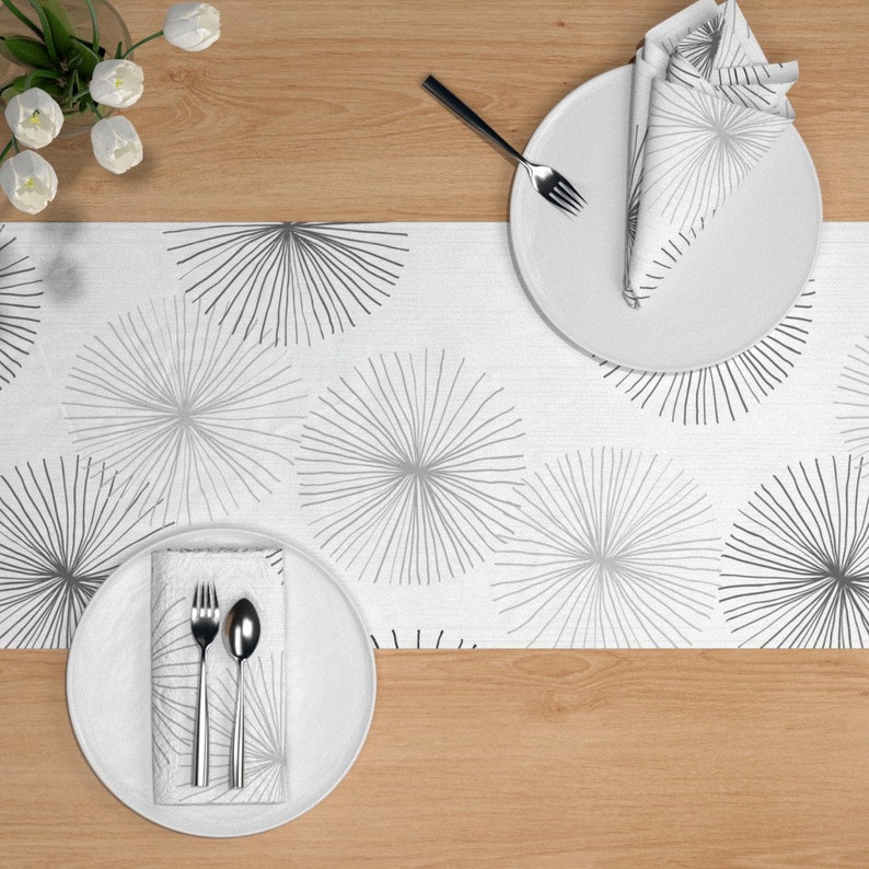 Dandelions Grayscale by friztin Mod Floral Table Runner Mid Century Modern Minimalist Retro Cotton Sateen Table Runner by Spoonflower