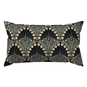 May include: Rectangular decorative pillow with a repeating Art Deco-inspired pattern. The design features fan-shaped elements in teal, gold, and red against a black background. The pillow is designed for home decor.