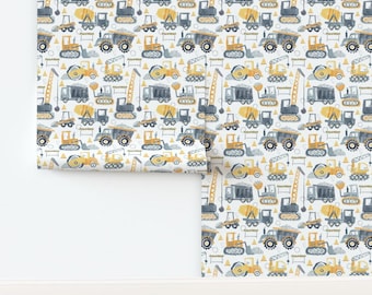 Nursery Construction Non-Pasted Wallpaper Yellow Gray Trucks Kids Building Bulldozer - Construction by nick_neuman Wallpaper by Spoonflower
