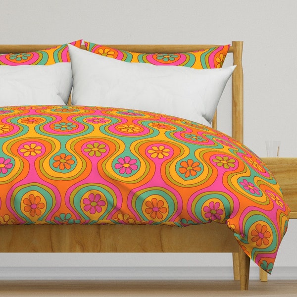 Pink And Orange Flower Bedding - Groovy 60s Floral by jenwebbcreates - Retro Daisy Cotton Sateen Duvet Cover OR Pillow Shams by Spoonflower