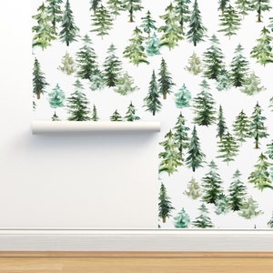 Watercolor Trees Non-Pasted Wallpaper - Forest Trees by hipkiddesigns - Woodland Nature Forest Woods Wallpaper Double Roll by Spoonflower