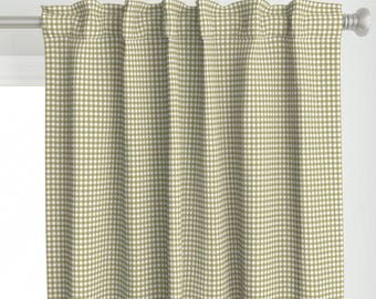 グリーンギンガムカーテンパネル：ファームハウスチェック柄コットンまたはリネン