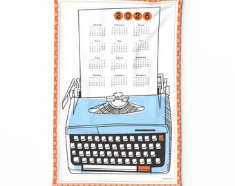 2026 Retro Calendar Tea Towel - Typewriter Calendar 2026 by lellobird - Retro Orange Polka Dot Linen Cotton Canvas Tea Towel by Spoonflower
