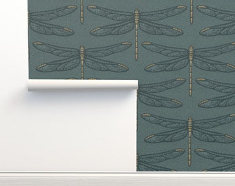 Art Nouveau Commercial Grade Wallpaper - Dragonfly by fleabat - Teal Blue Green Extra Large Scale Wallpaper Double Roll by Spoonflower