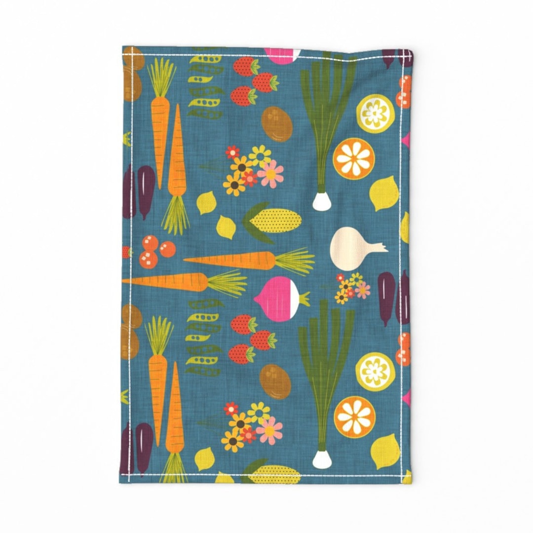 Mod Garden Tea Towel Vegetable Herb Garden by Bruxamagica Dark Slate Blue Midcentury Modern