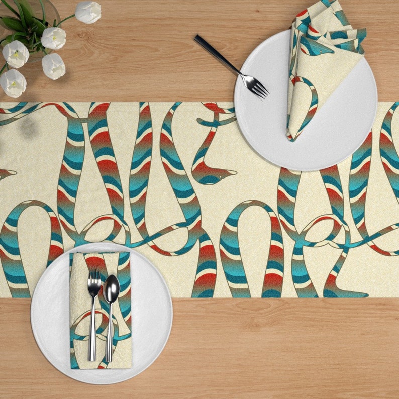 Vintage Style Red Blue Cream Art Deco Sand Cotton Sateen Table Runner by Spoonflower Art Deco Snake by chicca/_besso Ribbon Table Runner