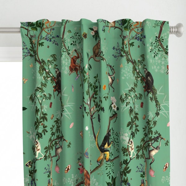 Glam Chinoiserie Curtain Panel - Monkey World by fifikoussout - Vintage Style Monkey Jungle Jade Green Custom Curtain Panel by Spoonflower