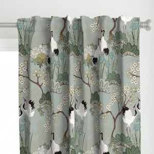 Crane Chinoiserie Curtain Panel - Japanese Garden Sage by juditgueth - Sakura Cherry Blossom Floral Custom Curtain Panel by Spoonflower