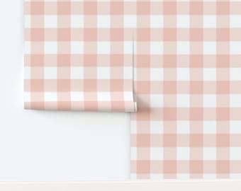 Roze behang zonder lijm, roze buffelruit, roze gingham, groot formaat - Blush Buffalo Plaid van sugarfresh, behang van Spoonflower