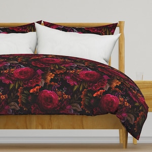 Moody Floral Bedding - Antique Painted Roses by utart - Gothic Flower Dark Red Cotton Sateen Duvet Cover OR Pillow Shams by Spoonflower