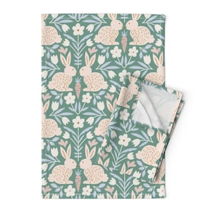 Pastel Floral Easter Tea Towels (Set of 2) - Springtime Easter Bunnies by jen_swenty - Bunny Rabbits Linen Cotton Tea Towels by Spoonflower