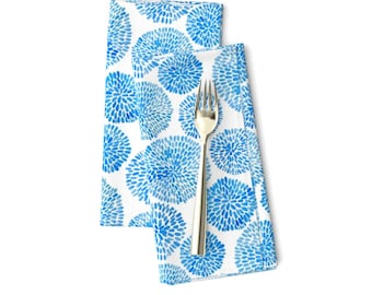 Blue Chrysanthemums Dinner Napkins Set of 2 - Sky Blue Floral Japanese Inspired Indigo Shibori Cloth Napkins - Japanese Garden by tasiania