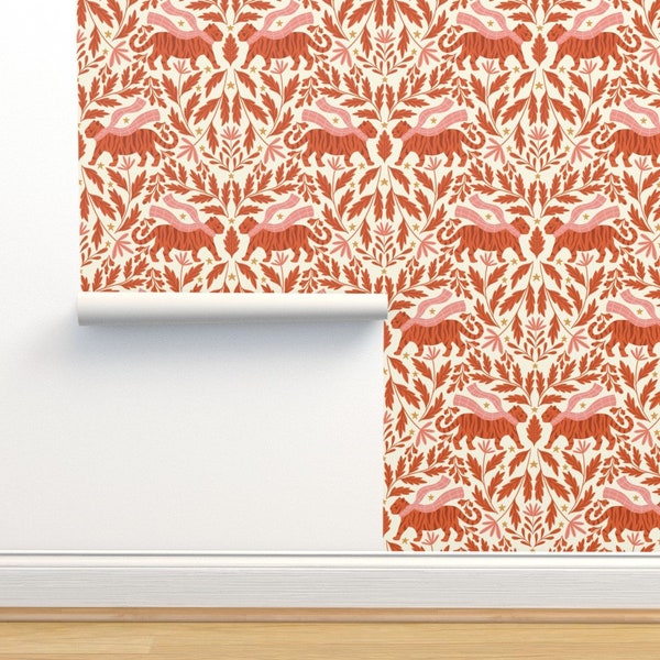 Tiger Damask Commercial Grade Wallpaper - Cozy Tigers by carysmula - Winter Tigers Red Orange Pink Wallpaper Double Roll by Spoonflower