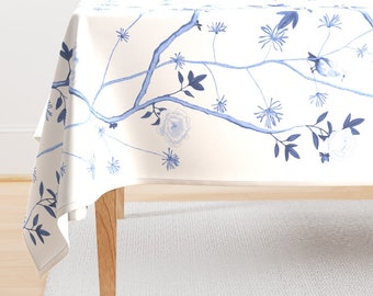 Blue Tablecloth - Jenny Peony In Delft Blue by domesticate - Flowers Butterflies Chinoiserie Peonies Cotton Sateen Tablecloth by Spoonflower